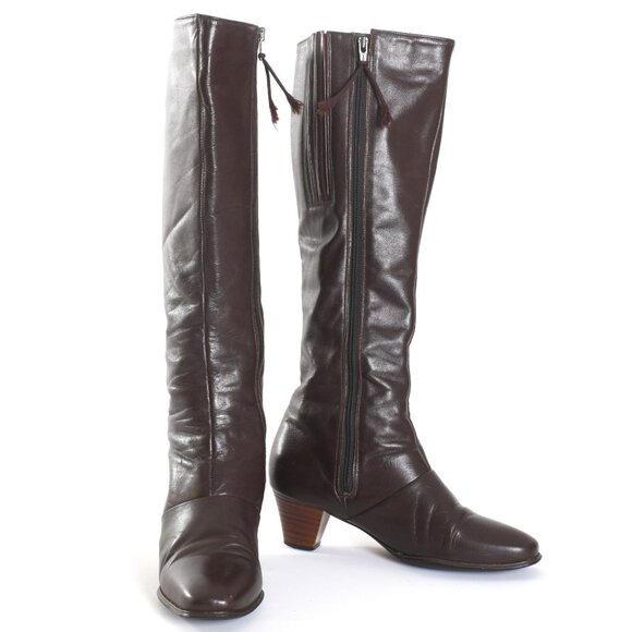 Vintage 1970s Size 7M Tall Brown Leather Heel Boots | by Cobbies - Picture 1 of 10
